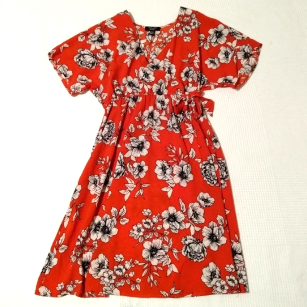 Maternity Dress Red Floral V-Neck with Bow